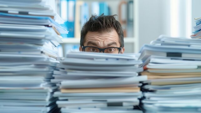 Office worker's face partially obscured by stacks of documents, Work overload, overwhelming workload