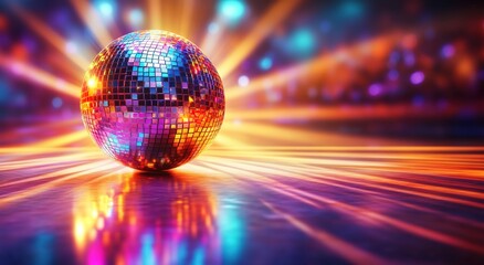 Fototapeta premium A vibrant disco ball with colorful lights reflecting off its surface, creating an energetic and lively atmosphere in the background.