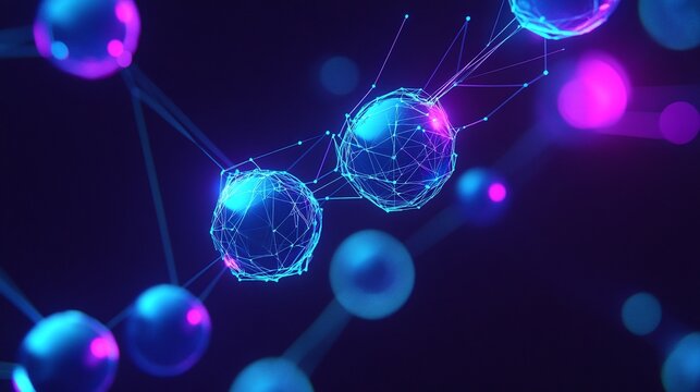 A vibrant abstract representation of molecular structures with glowing spheres and connections, ideal for science and technology themes.