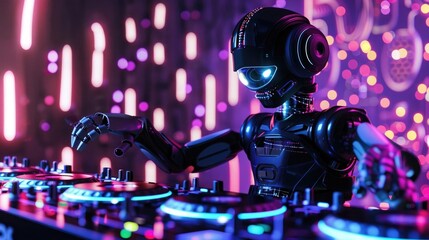 Robot DJ in 3D, spinning digital turntables at a club, its LED lights syncing with the music beats