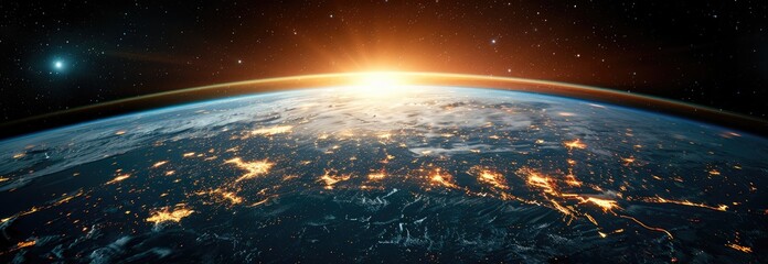 the earth from space, glowing city lights on the horizon, wide shot.
