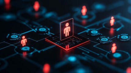 Digital network representation with human figure icons, emphasizing connectivity and technology in a modern environment.