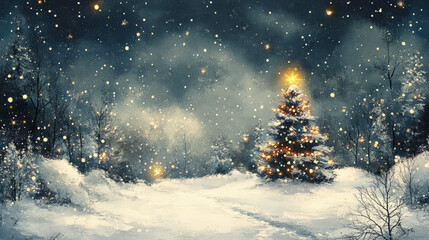 Obraz premium Painted Christmas Scene, Snow Scene With Christmas tree