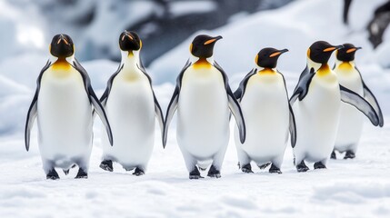 Obraz premium Emperor penguins stand and walk on the snow in Antarctica.