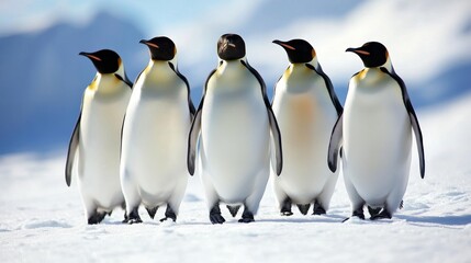 Obraz premium Emperor penguins stand and walk on the snow in Antarctica.