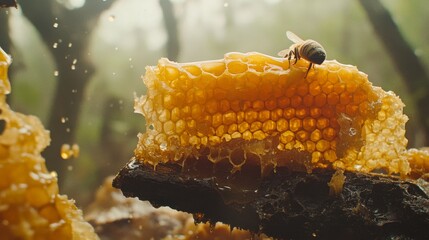 Fresh honeycomb, dripping with sweet honey, is pulled from a busy beehive.  The yellow honeycomb is filled with open and sealed cells, where the bees have stored their precious honey.
