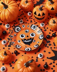  empty Halloween plate surrounded by small decorative pumpkins. festive, seasonal atmosphere. holiday and thanksgiving visuals.