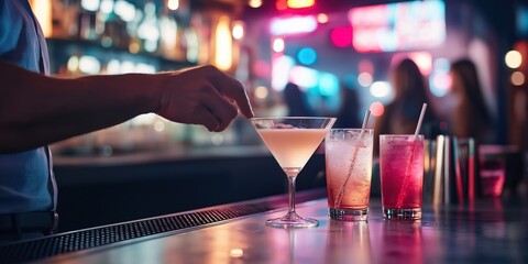 A man's hand is captured in the act of spiking a drink at a bustling bar or club