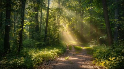 Fototapeta premium Sunlight filters through a verdant forest, casting a peaceful glow on a serene path