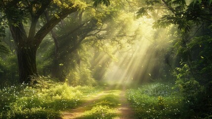 Obraz premium Sunlight filters through a verdant forest, casting a peaceful glow on a serene path