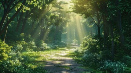 Fototapeta premium Sunlight filters through a verdant forest, casting a peaceful glow on a serene path