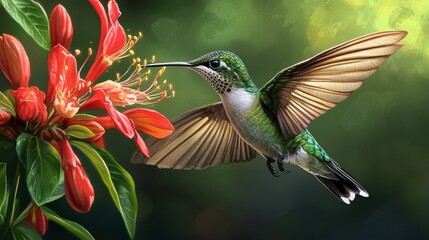 Obraz premium Hummingbirds are tiny, colorful birds that love to drink nectar from flowers. They're like tiny flying jewels!