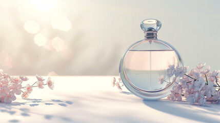 Photorealistic high-quality image of a beautiful transparent perfume bottle on the right side with delicate flowers at the bottom, featuring high detailing