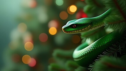 Fototapeta premium Green snake christmas tree, christmas bokeh background