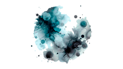 Gray and turquoise color paint brush strokes in watercolor isolated against transparent