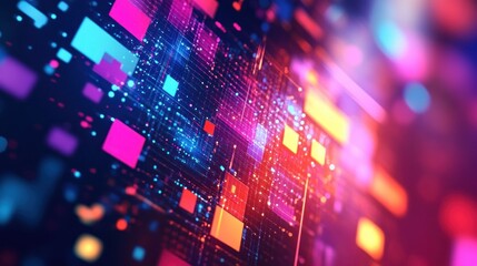 Abstract Neon Grid with Colorful Squares