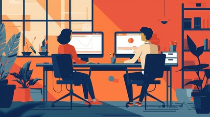 Two businesspeople with computer sitting in an office at desk.