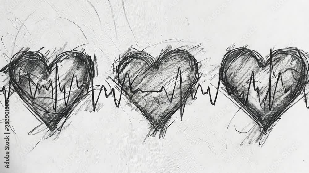 Aufkleber The sketch features three overlapping hearts, each accompanied by a pulse line, symbolizing love, life, and emotional connection. The artwork conveys a deep message of unity.