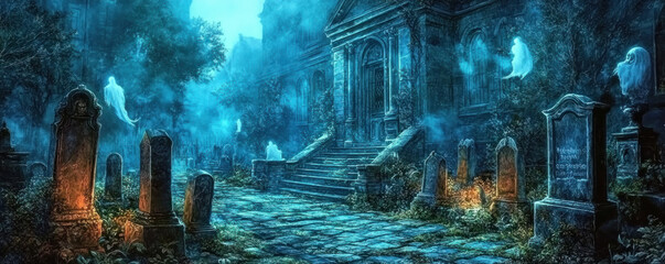 A graveyard with a creepy atmosphere and a creepy house. The graveyard is full of gravestones and the house is surrounded by trees. There are also some ghosts in the background