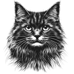 Drawing of a Norwegian Forest Cat's Face With Expressive Eyes. Generative AI