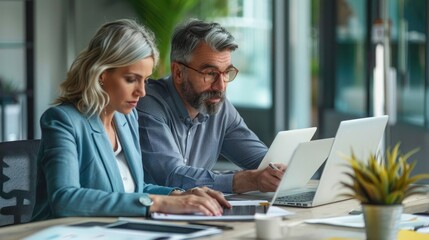 Fototapeta premium Two busy middle aged professional man and woman business leaders partners checking document financial report talking working together on laptop computer in office at corporate meeting. Vertical photo