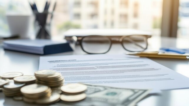 Business loan agreement with focus on down payment terms, money and contract on a clean desk, business finance, commercial loan