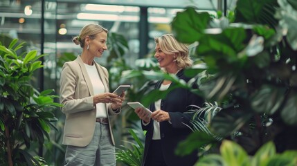 Two happy business women of young and middle age talking standing in creative green office space. Smiling professional ladies employees colleagues having conversation using digital tablet at work