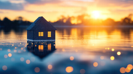 A house is floating on the water with the sun setting in the background. The house is small and he is made of paper. The scene is serene and peaceful, with the sun reflecting off the water