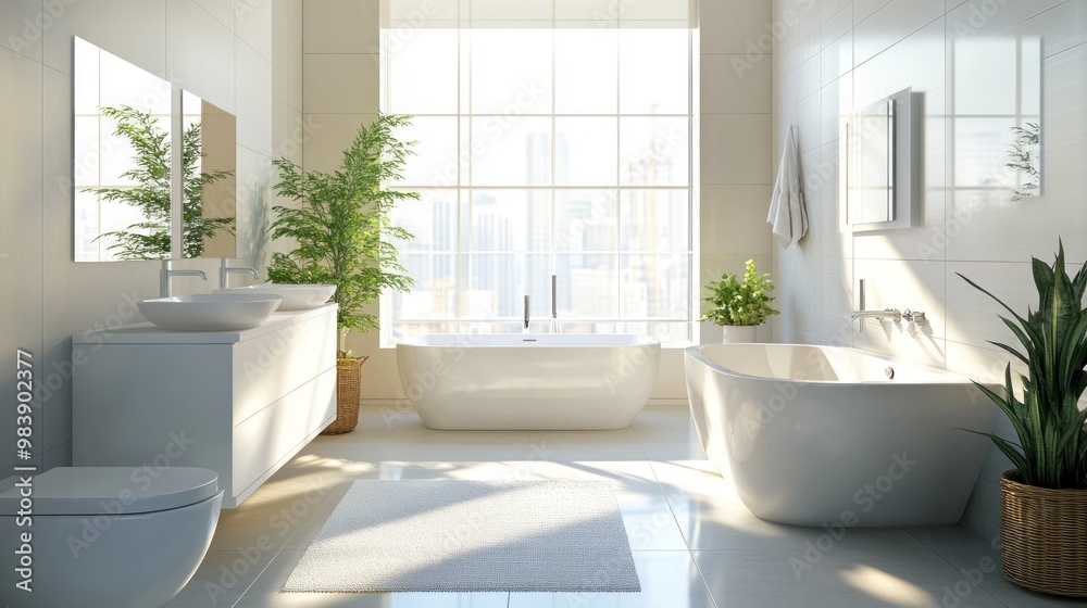 Poster Modern Bathroom with City View