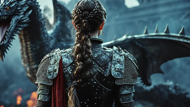 Brave woman warrior prepares for battle alongside a fierce dragon in a fantasy landscape at dusk