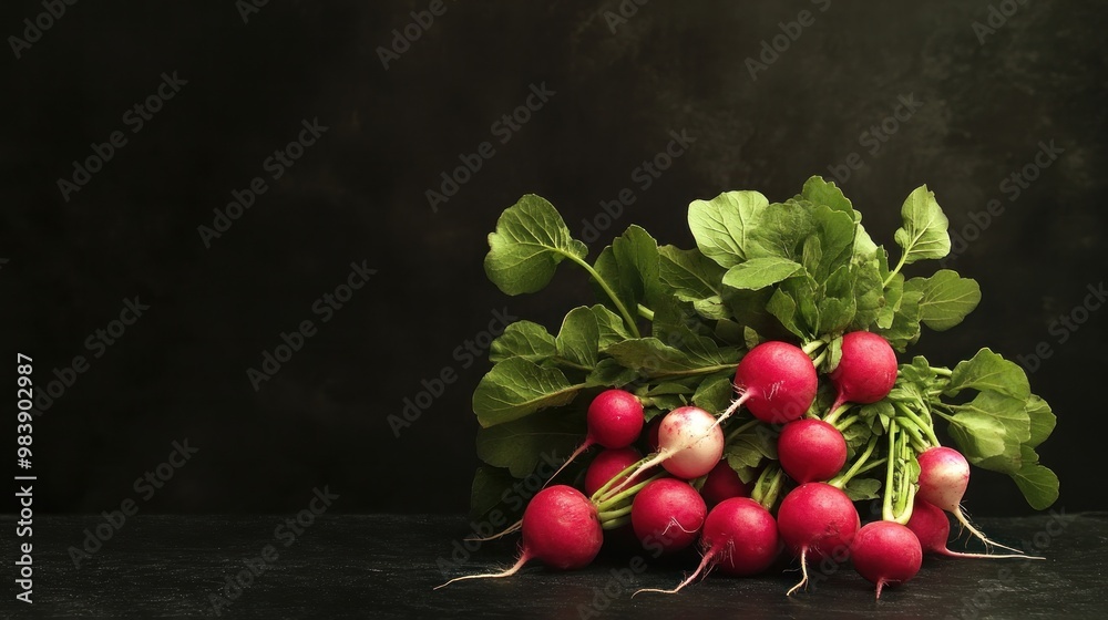 Sticker Fresh Radishes with Green Leaves on a Dark Background