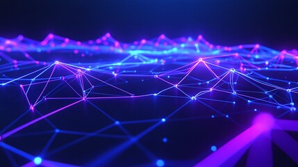 Abstract digital background featuring vibrant pink and blue lines and connections, representing technology and data visualization.