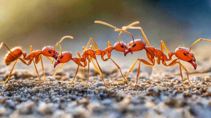 Fototapeta premium Red ants work together like a team, carrying food and helping each other. This shows how important teamwork and unity are, even for tiny creatures like ants.