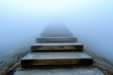 Obraz premium A staircase emerging from a dense fog, leading up to clear skies, symbolizing mental progress in therapy, emotional elevation, symbolic growth