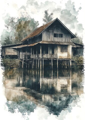 Watercolor Painting Wooden House River Reflection