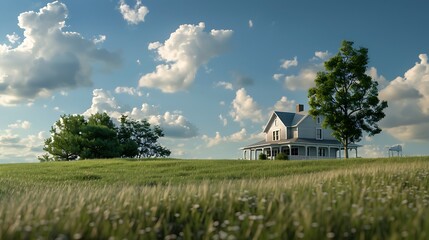 Scenery including a sizable rural home big grass freshly mowed blue sky