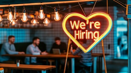 Bright neon sign displaying 'We're Hiring' in a modern workspace, attracting job seekers and fostering a welcoming atmosphere.