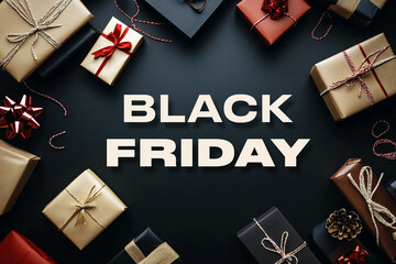 Assorted gift boxes, shopping bags with black friday text on black background