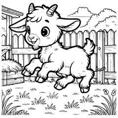 Playful Little Goat Hopping in Farmyard Black and White Illustration for Kids Coloring Fun