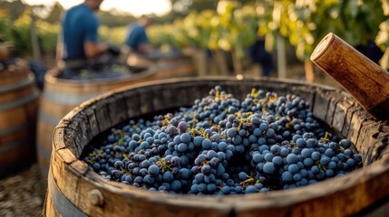 Fresh Grapes in a Wooden Barrel - Winemaking
