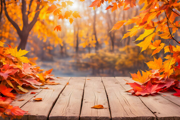 Wooden Empty wooden surface top with autumn park background.