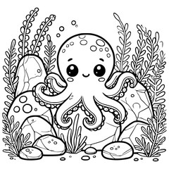 Adorable Cartoon Octopus in Seaweed Garden Black and White Illustration for Kids Coloring Fun
