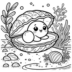 Cute Pearl Sitting Inside a Smiling Clam Shell in an Ocean Floor Setting Coloring Page Illustration