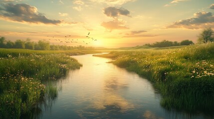 A calm river flows through a vibrant plain at sunset, with birds soaring and gentle hills nearby.