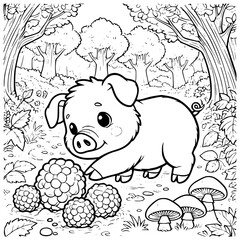 Adorable Piglet Finding Berries in the Forest Black and White Illustration for Coloring Fun