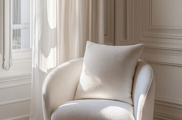An elegant fabric armchair with refined detailing  in a bright and airy room
