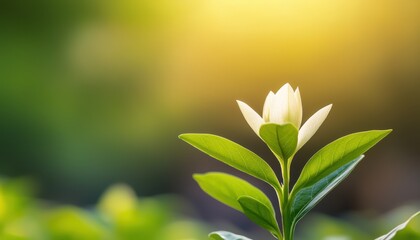 Obraz premium A delicate white flower emerges with vibrant green leaves, basking in soft sunlight, symbolizing purity and new beginnings.