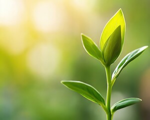 Obraz premium A fresh green sprout illuminated by soft sunlight, symbolizing growth, nature, and new beginnings in a vibrant environment.