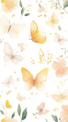 Fototapeta premium Delicate Watercolor Butterflies and Flowers on Off-White