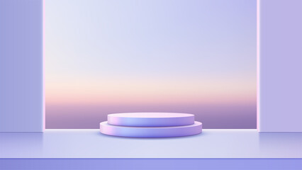 Minimalist 3D Purple Podium with Blue Sky Background for Modern Product Display or Presentation, Ideal for Mockup, Showroom, or Showcase